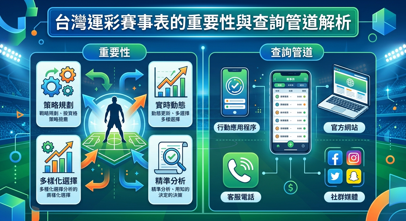 這張圖表以充滿科技感與運動氛圍的體育場為背景,頂部以醒目標題呈現,左側深入解析了賽事表在策略規劃、實時動態與精準分析等面向的重要性。 右側則以直觀的圖標整理出官方網站、行動應用程式、客服電話及社群媒體等多元查詢管道,提供清晰簡潔的資訊指南。