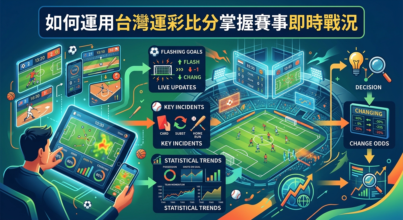 這張圖片展示了包含即時賽事比分、數據圖表與體育場景的現代化數據分析介面。 頂部標題為「如何運用台灣運彩比分掌握賽事即時戰況」,展現透過科技工具掌握賽事動態的主題。